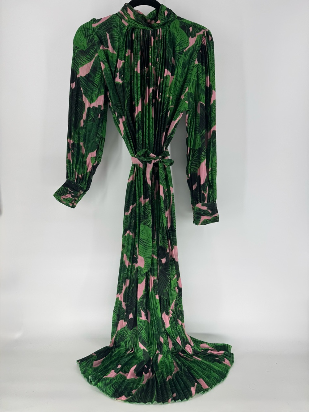 Beulah Style Palm Print Pleated Maxi Dress Green Pink Tropical Long Sleeve Sz M - Picture 3 of 11